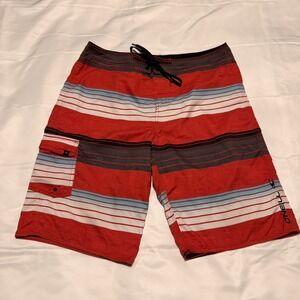 O'Neill Board Shorts Mens 34 Red Blue Striped Cargo Pocket Swim Trunks Summer